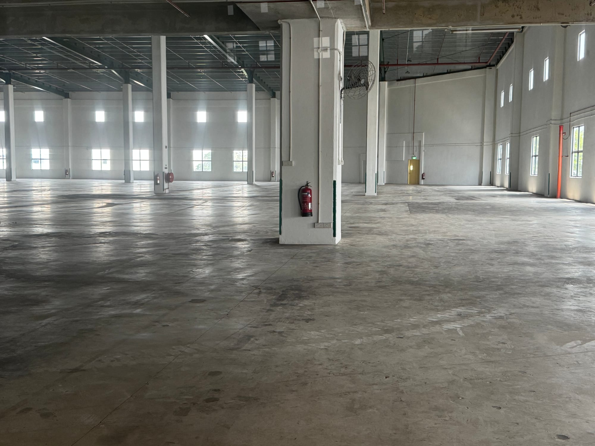 Open warehouse floor at 12 Changi North Way showing high ceiling, columns and fire safety equipment